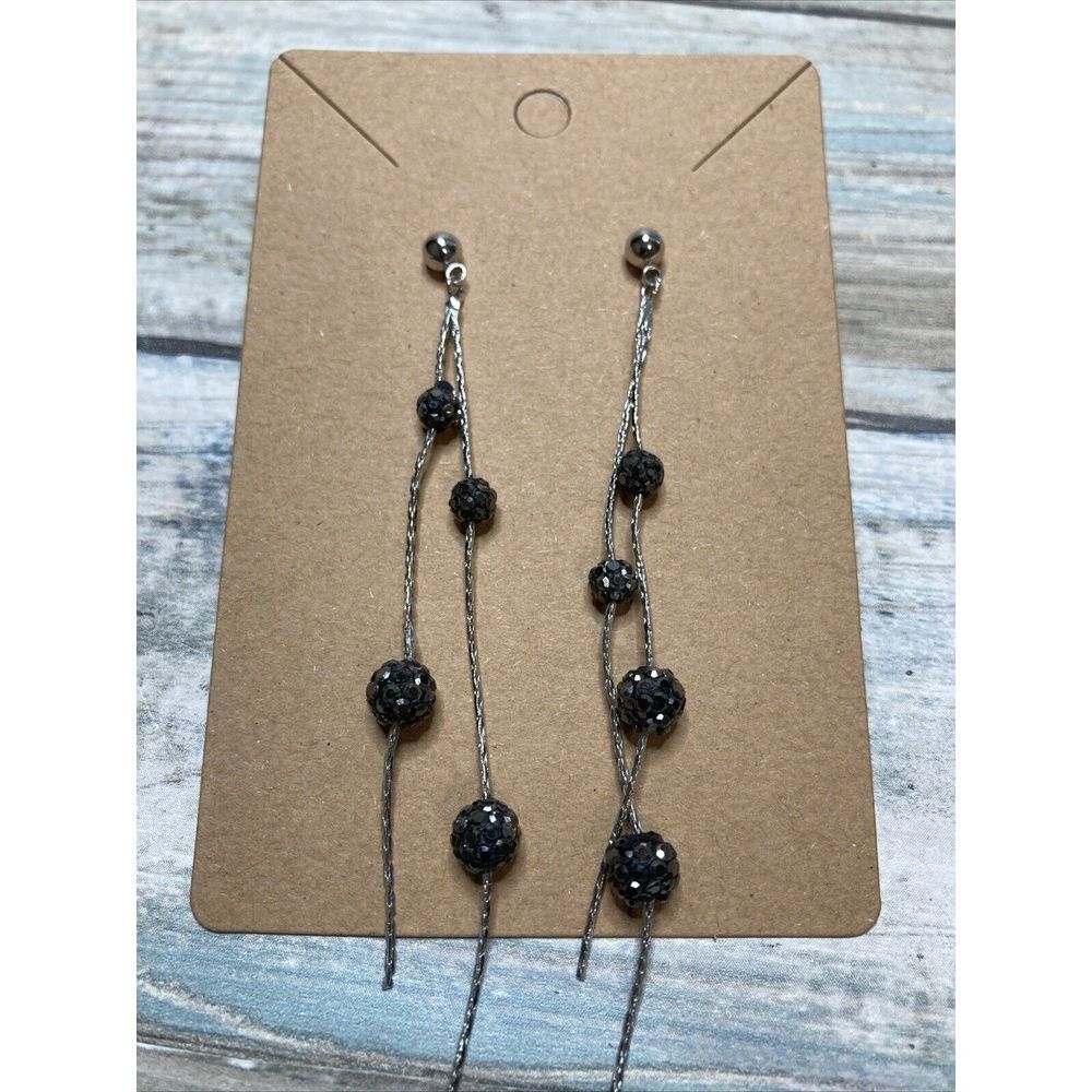 Black Crystal Mini Balls Silver Chain EARRINGS Drop‎ Dangle Tassel NWOT 3"